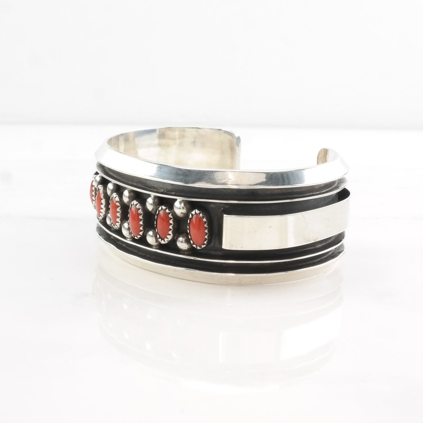 Native American Coral Cuff Bracelet Sterling Silver Red Shadowbox Incise