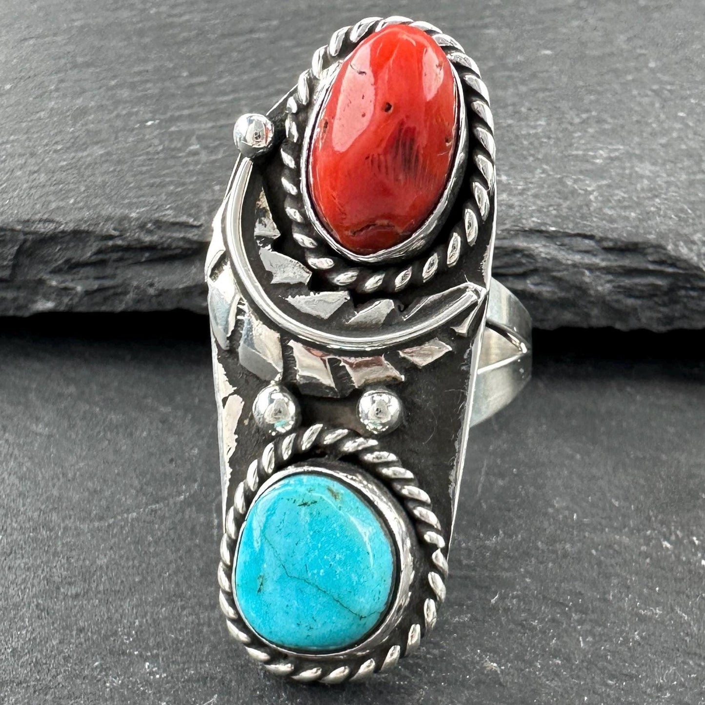 Southwest Coral, Turquoise Ring Sterling Silver