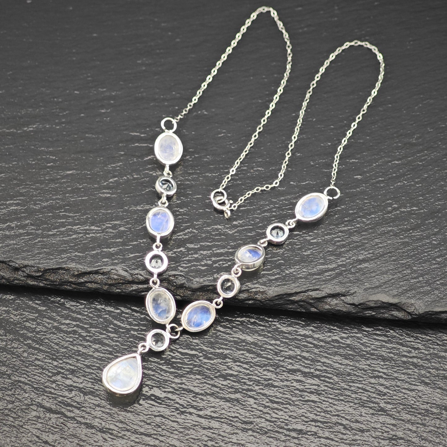 Lariat Sterling Silver Blue Moonstone Topaz Necklace