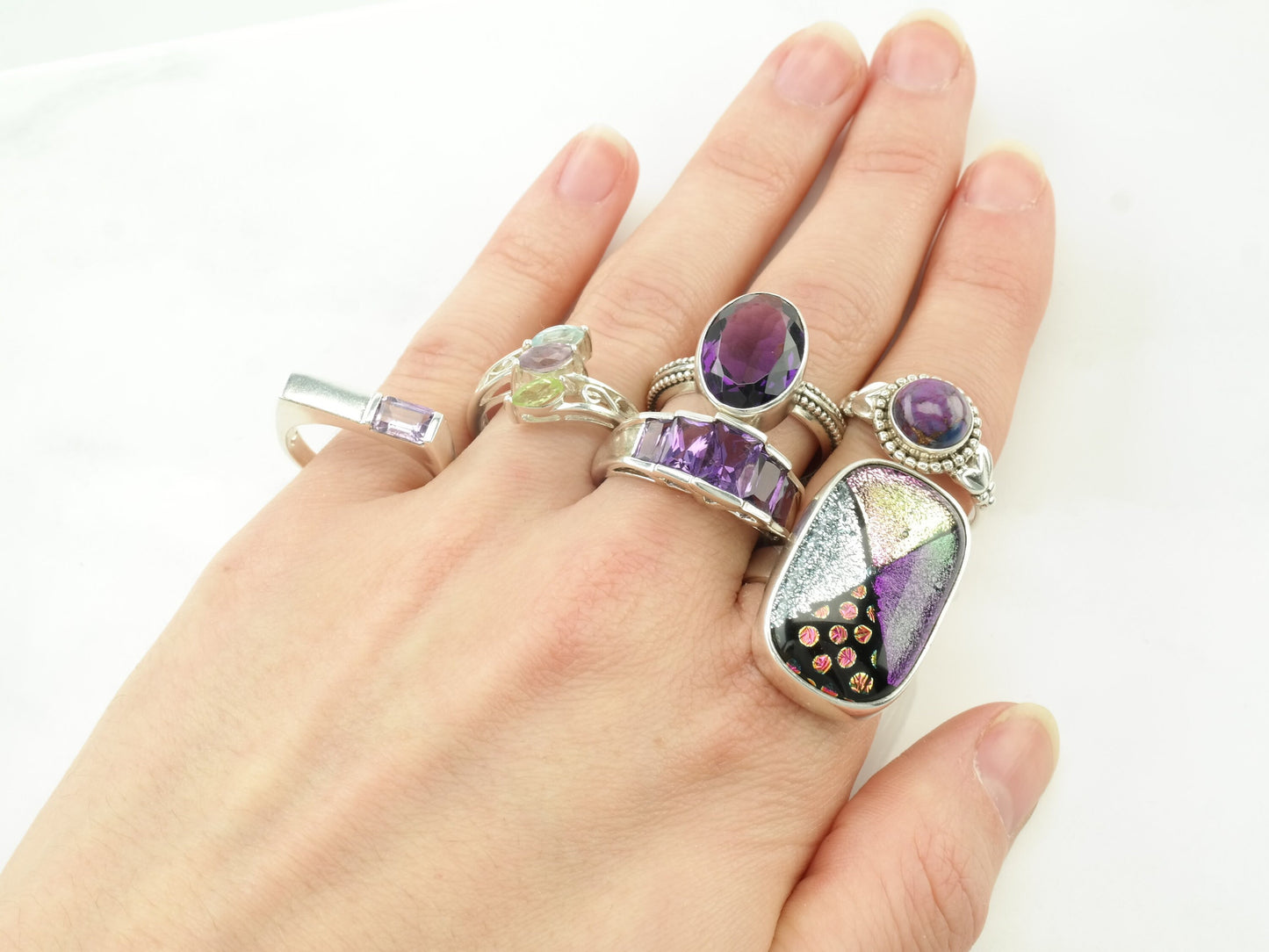 Vintage Amethyst & Gemstone Sterling Silver Rings Size 7