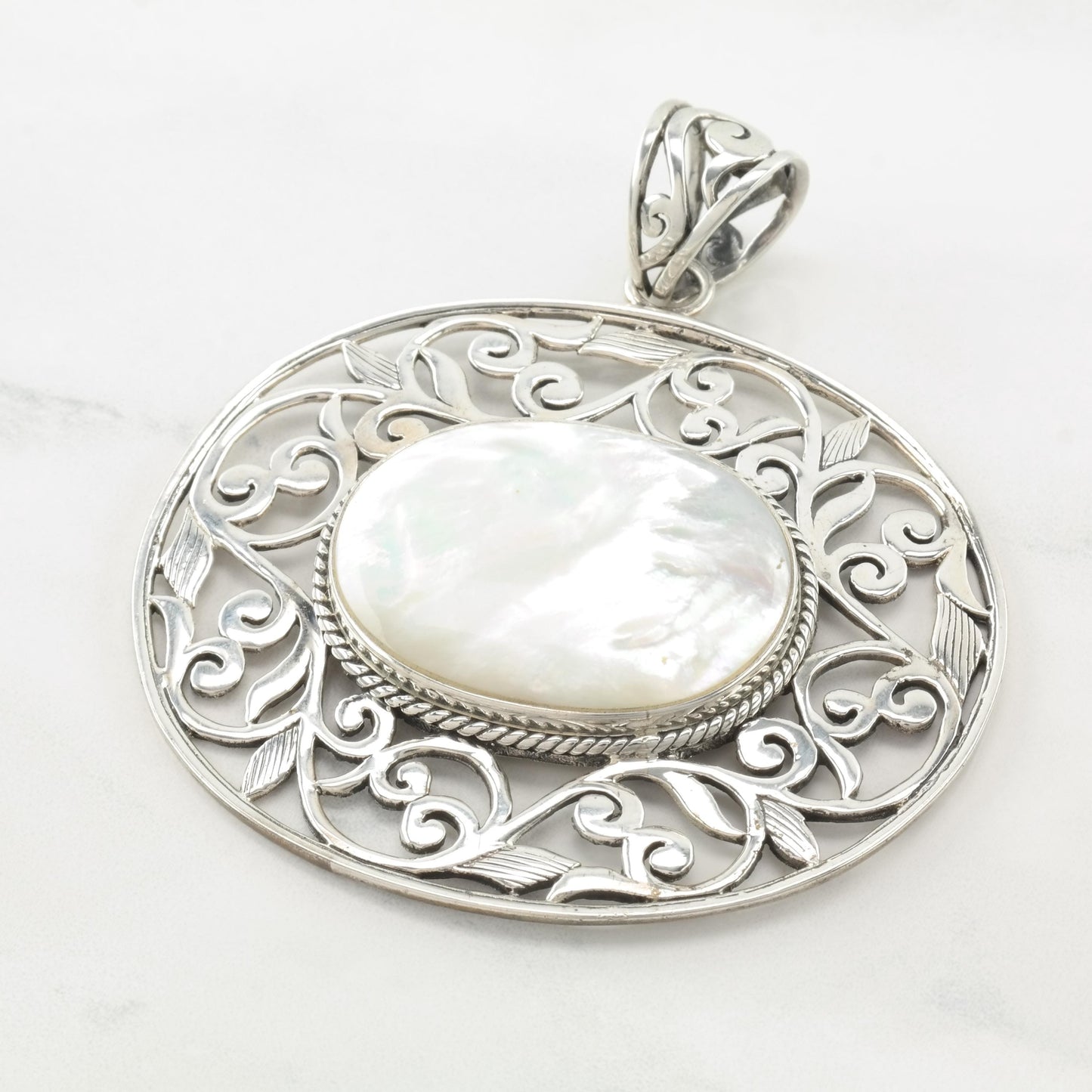 Vintage Large Thai Filigree Silver Pendant MOP Sterling