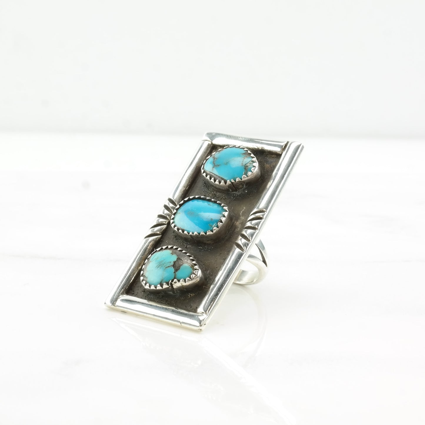 Vintage Native American Silver Ring Turquoise Three Stone Shadowbox Long Rectangle Sterling Size 5 1/4