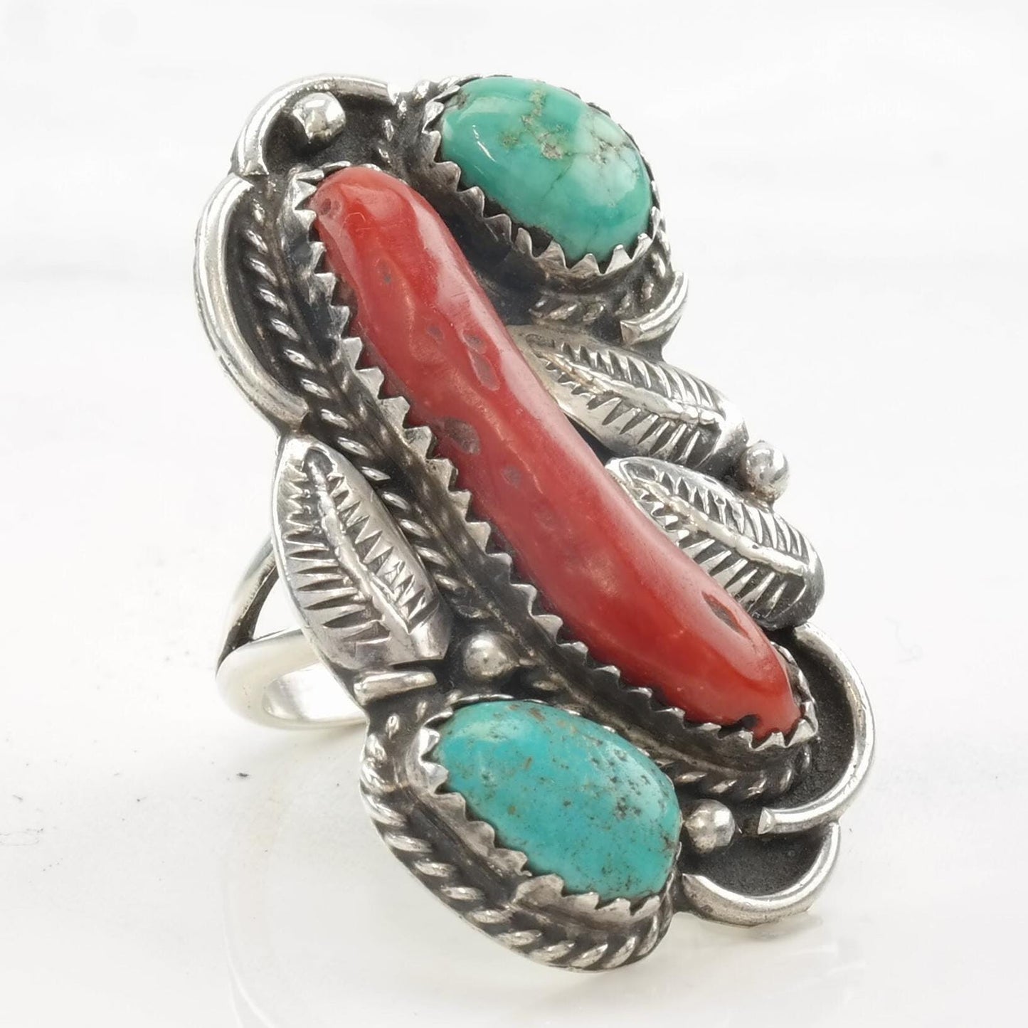 Native Ring Coral, Turquoise Feather Sterling Silver Sz4 R4114