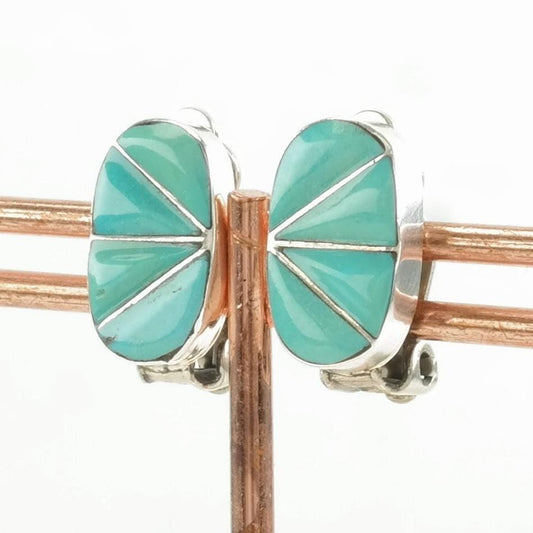 Native American Turquoise Cobblestone Inlay Sterling Silver Clip On Earrings Blue