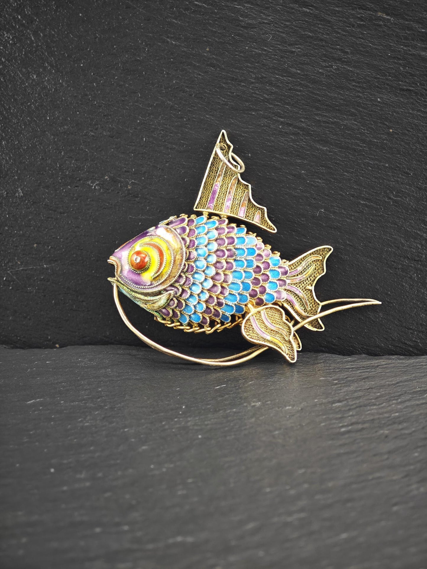 Articulated Enamel Chinese Export Koi Fish, Gold Gilded Sterling Silver P2746