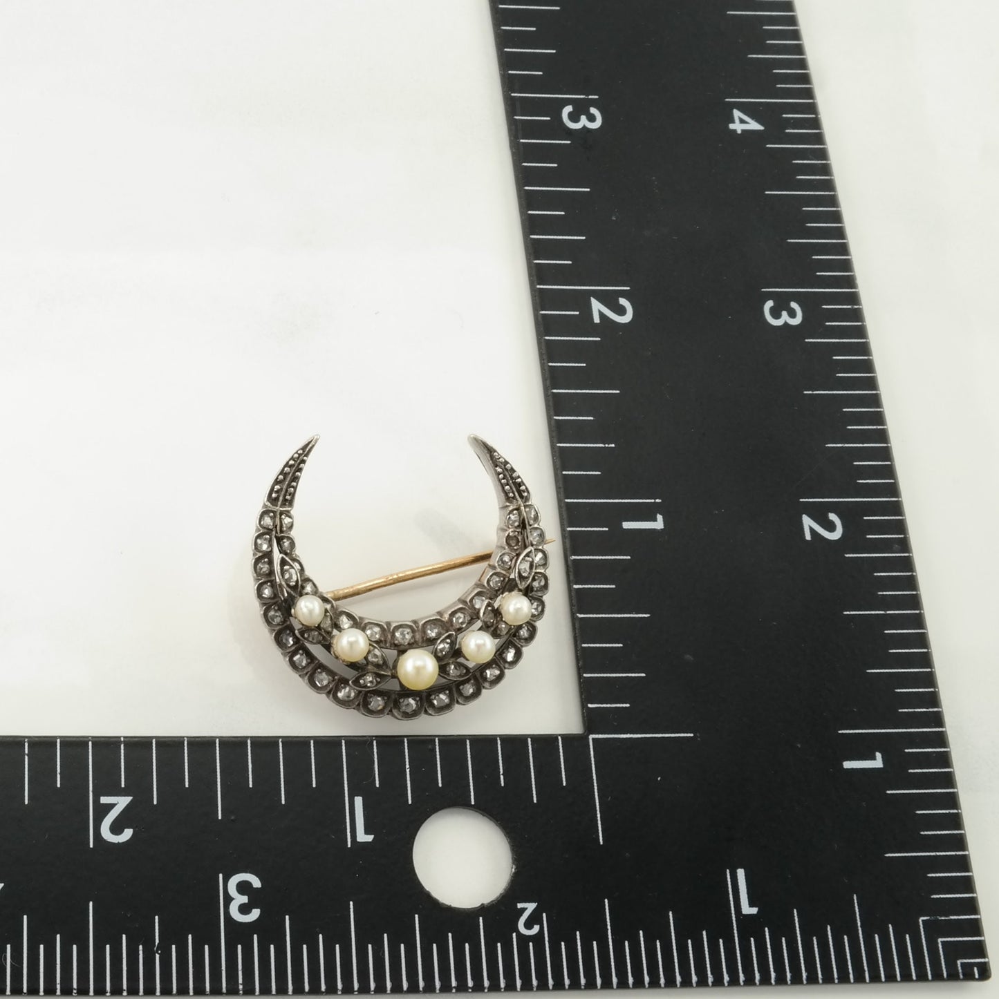 Victorian Rose Cut Diamond Crescent Brooch 14k Gold on Silver Natural Pearl