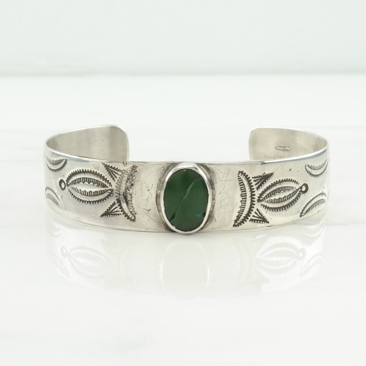 Early, Native American Sterling Silver Cuff Bracelet Olive Green Turquoise Stamped