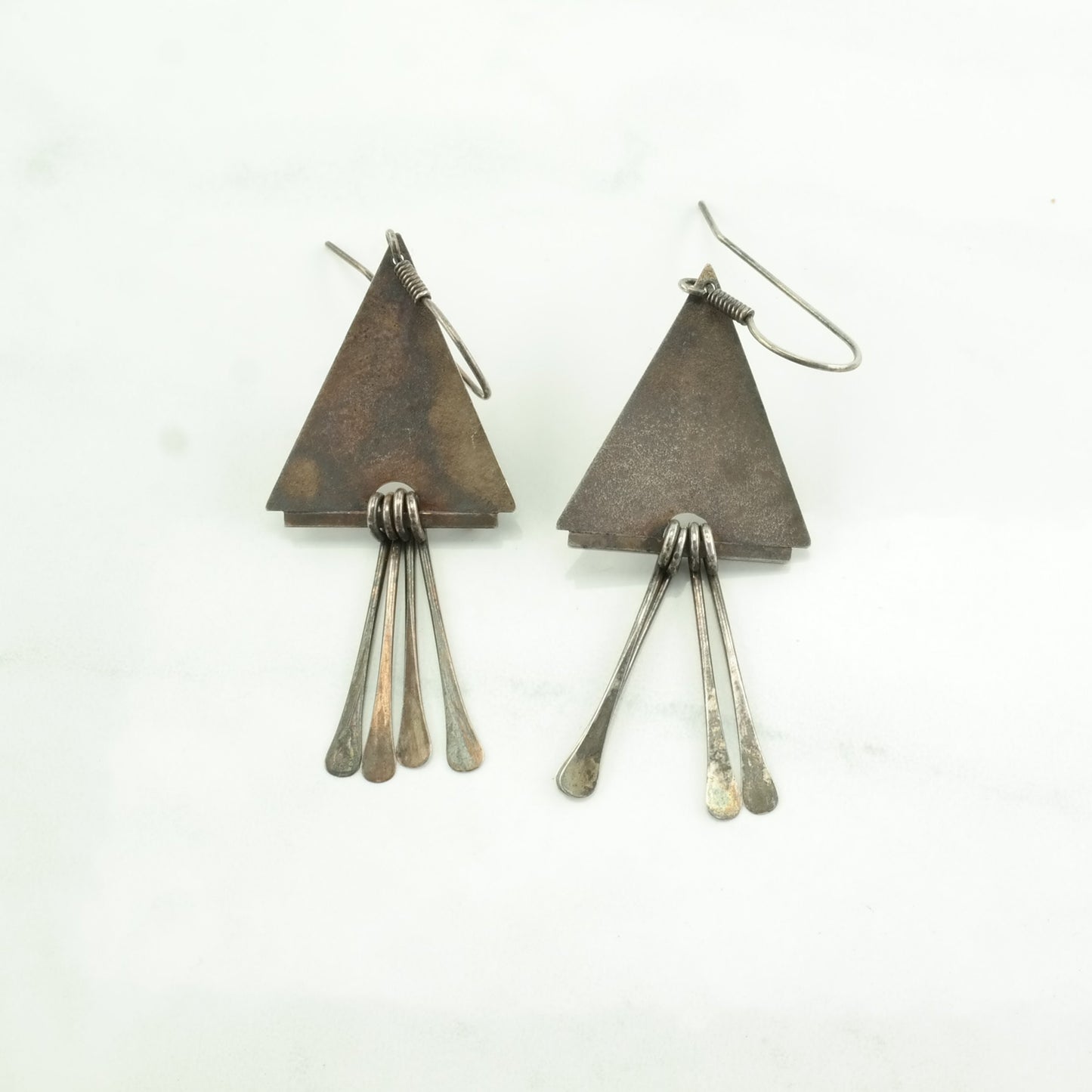 Vintage Sterling Silver Fish Hook/Dangle Earrings MCM, Modernist Abstract Triangular, Copper Inlay
