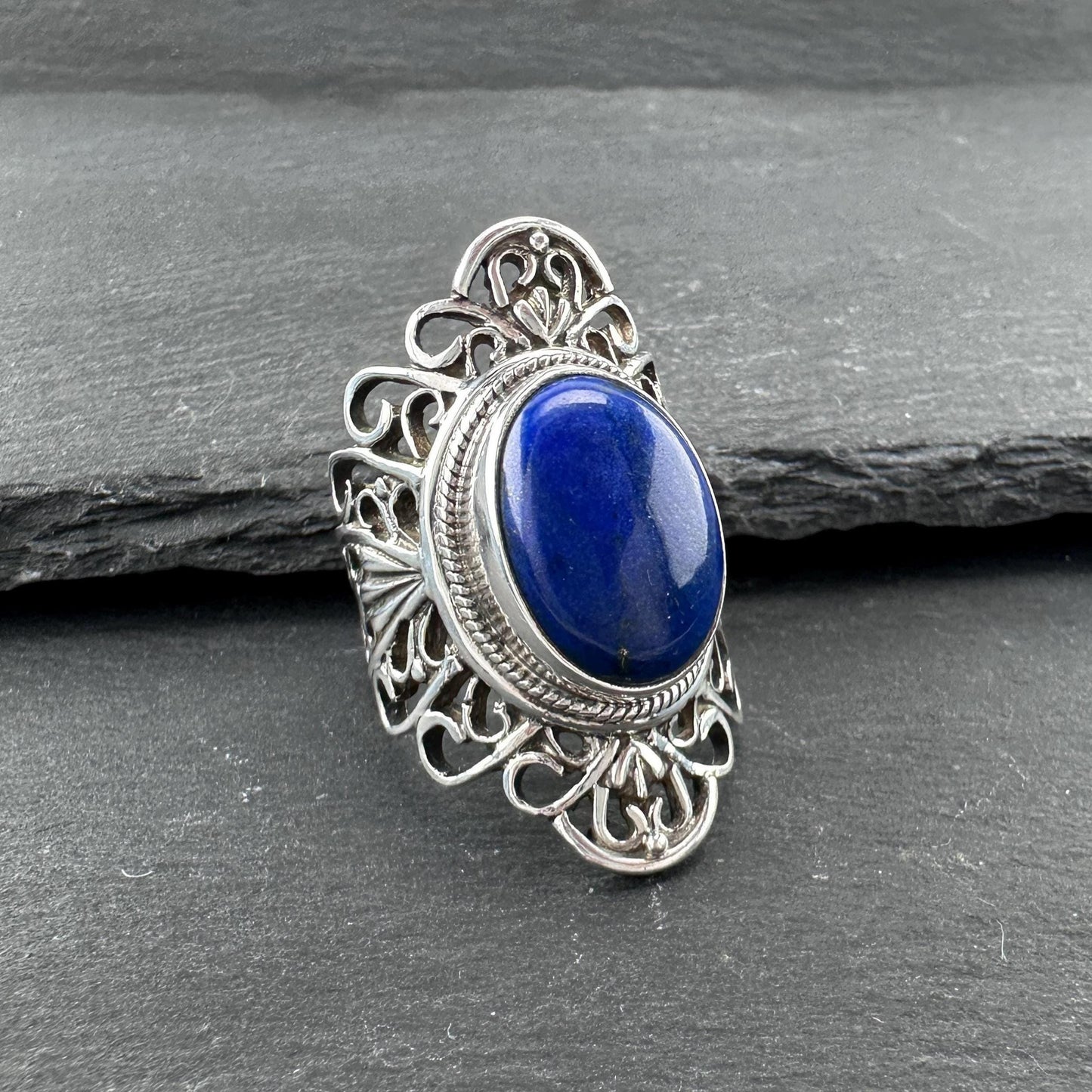 Vintage Lapis, Filigree Ring Sterling Silver