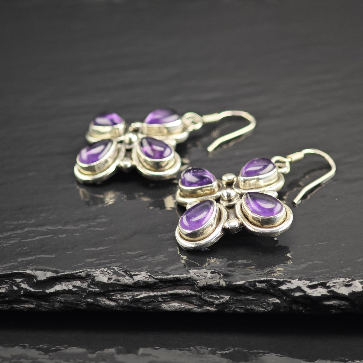 Amethyst Clover Design Dangle Sterling Silver Earrings ER3238