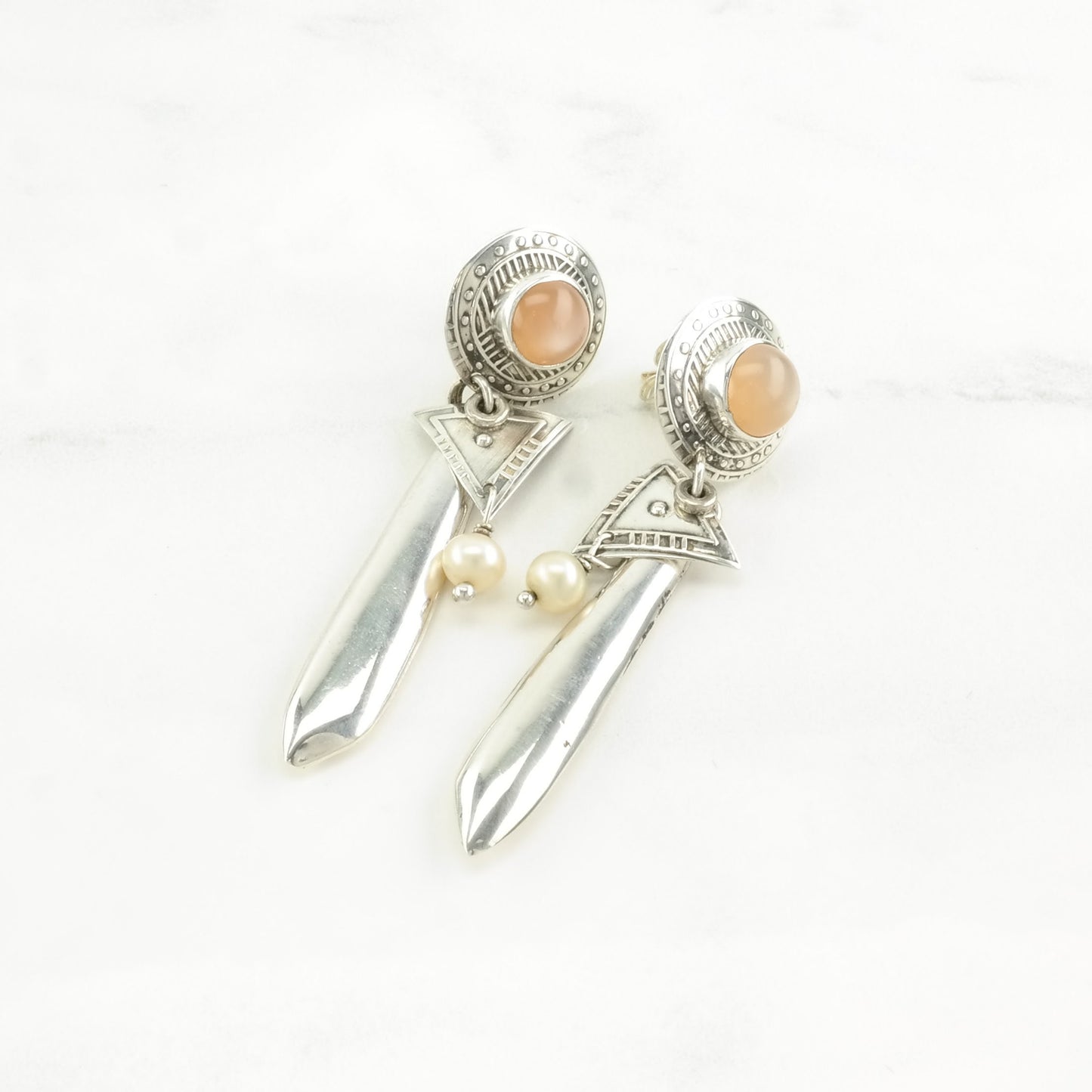 Vintage Sterling Silver Stud, dangle Earrings Peach Pearl Stamped