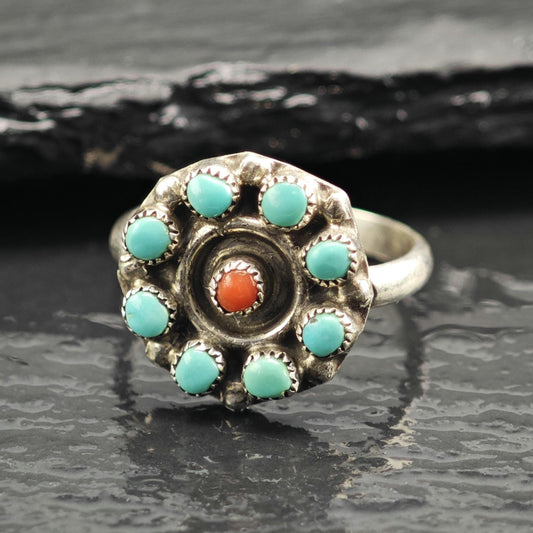 Vintage Zuni Petit Point Turquoise & Coral Sterling Silver Ring Sz 6 3/4 R6645