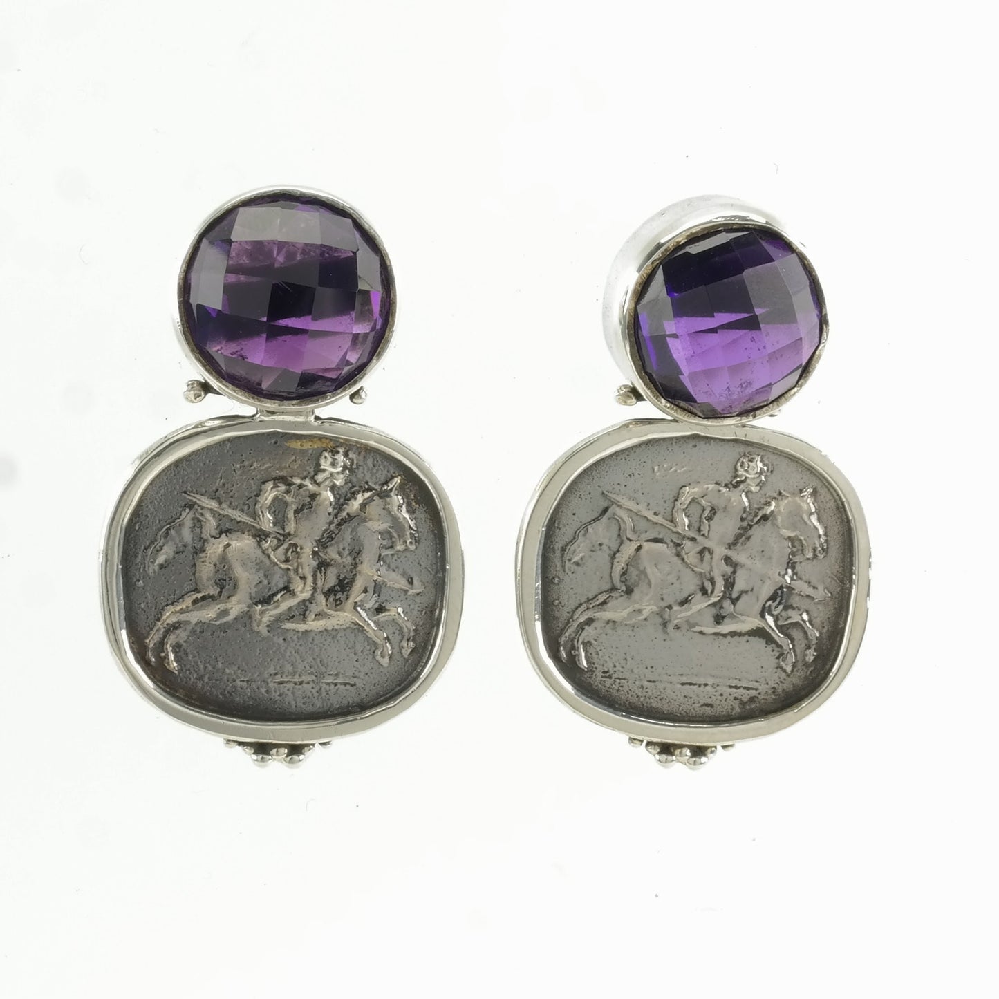 Vintage Sevan Stud Dangle Earrings Equestrian Sterling Silver Purple Amethyst Polo Rider