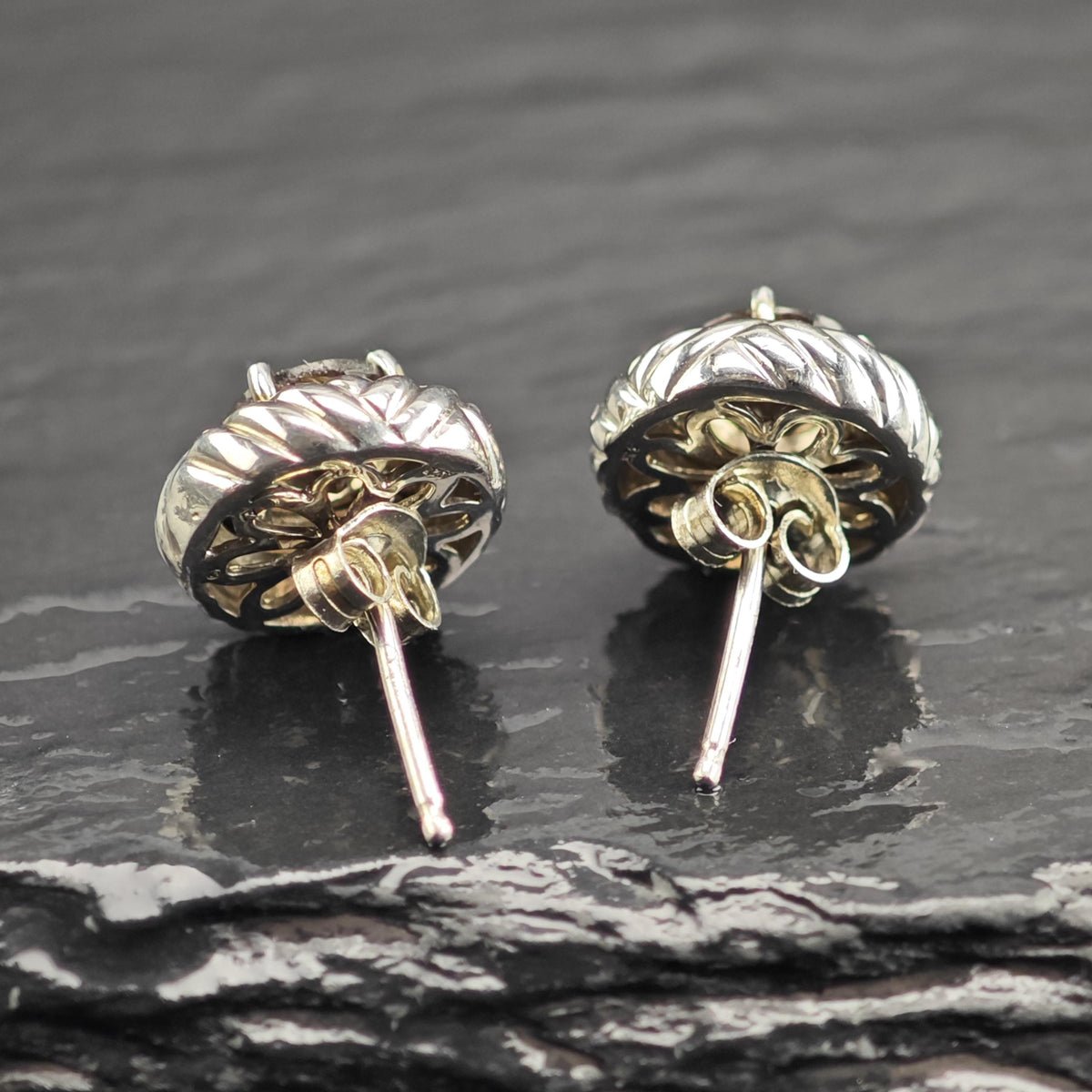 Vintage Designer Smoky Quartz 14k Bezel Stud Sterling Silver Earrings ER3230
