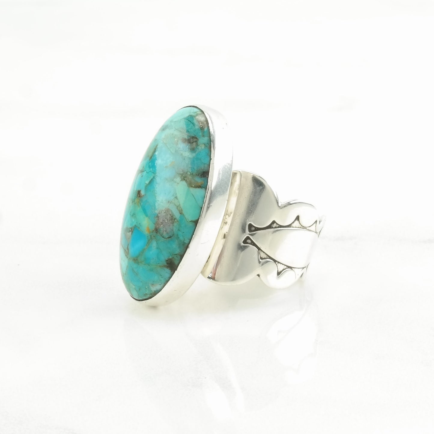 DTR Silver Ring Reconstituted Turquoise, Stamped Band Sterling Blue Size 7 1/4