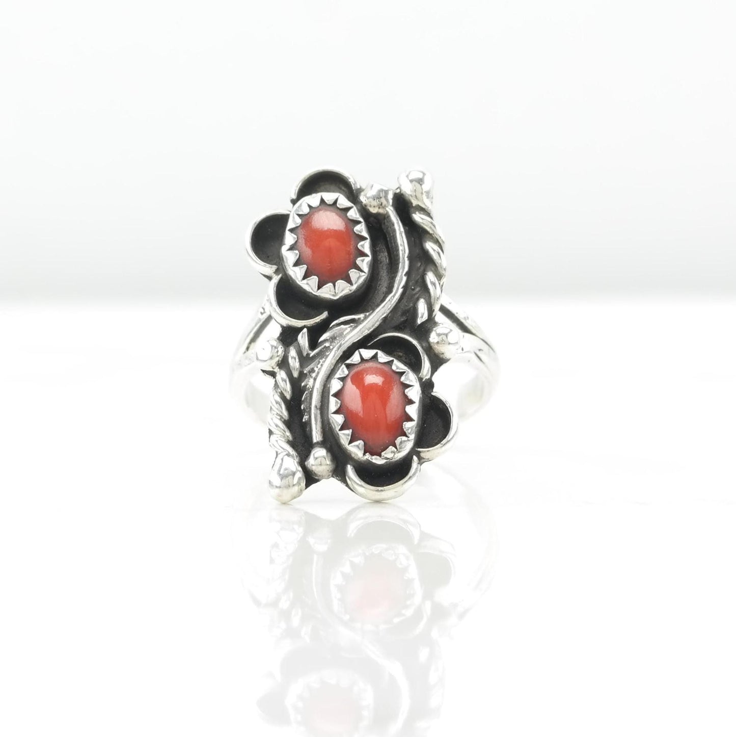 Sw Silver Ring Coral Floral, Shadow Box Sterling Red Sz5 R5418