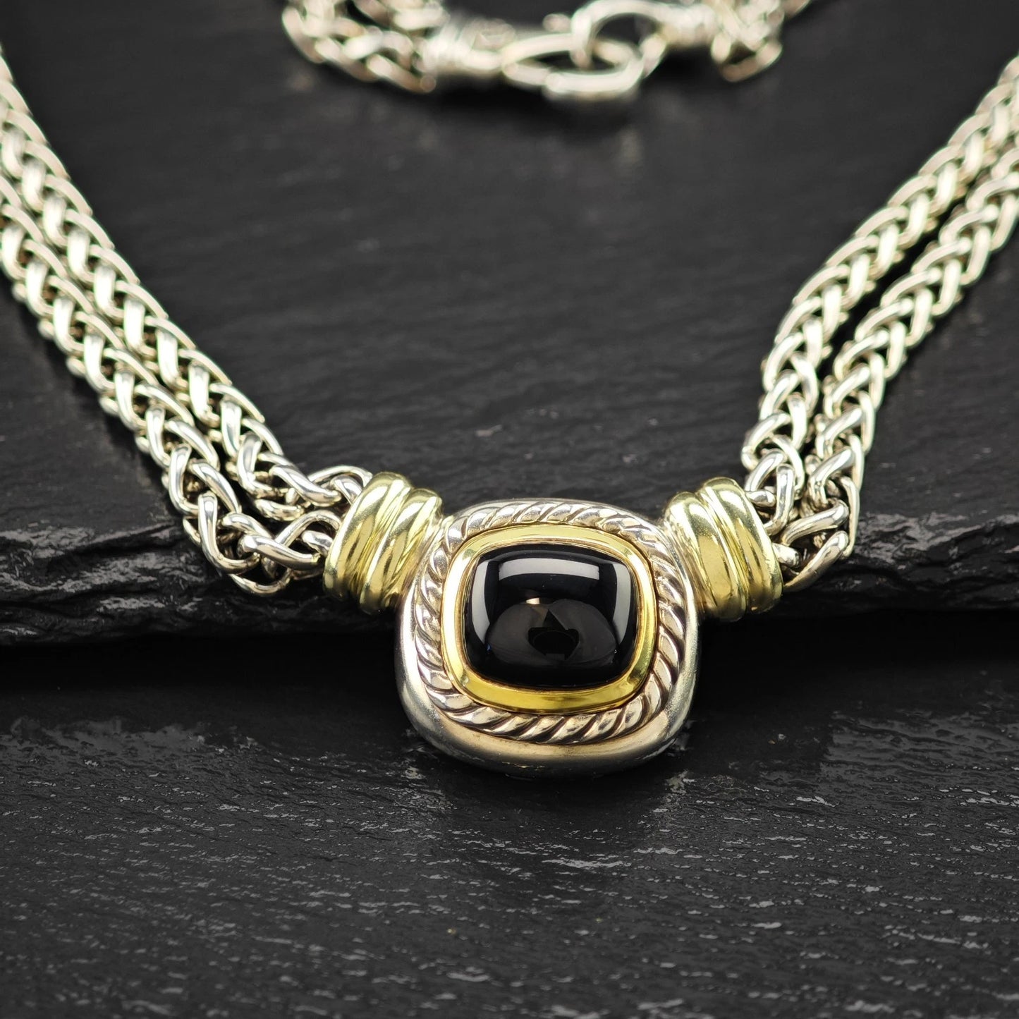 Vintage, David Yurman Sterling Silver Black, Gold Onyx 14K Gold Accent Necklace N2656