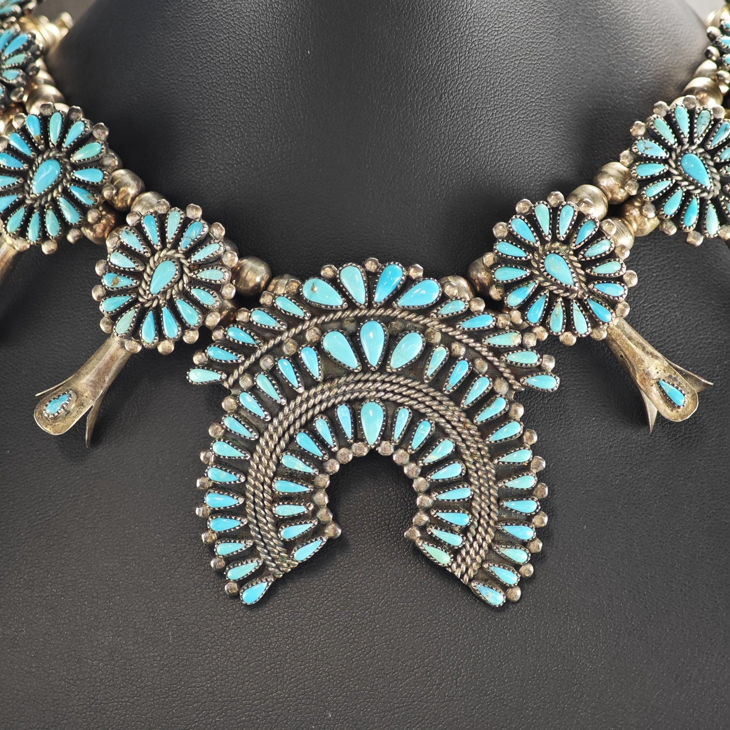 Vintage Navajo, Turquoise Floral Sterling Silver Squash Blossom Necklace