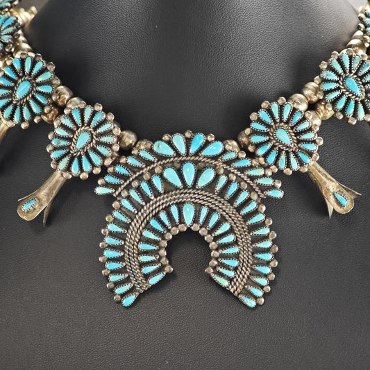 Vintage Navajo, Turquoise Floral Sterling Silver Squash Blossom Necklace