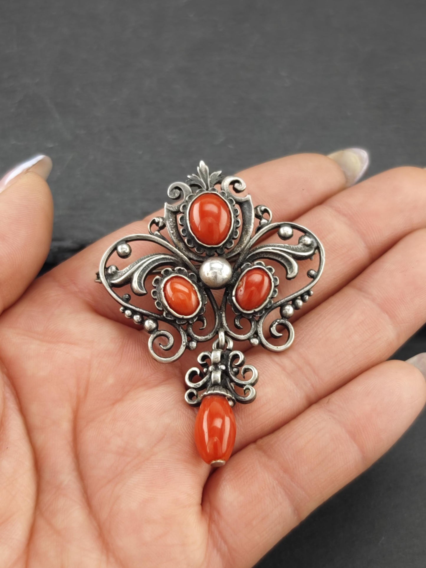 Late Victorian Red Coral Sterling Silver Brooch