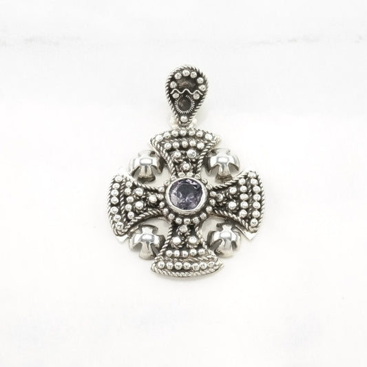 Vintage Created Alexandrite Jerusalem Cross Sterling Silver Pendant