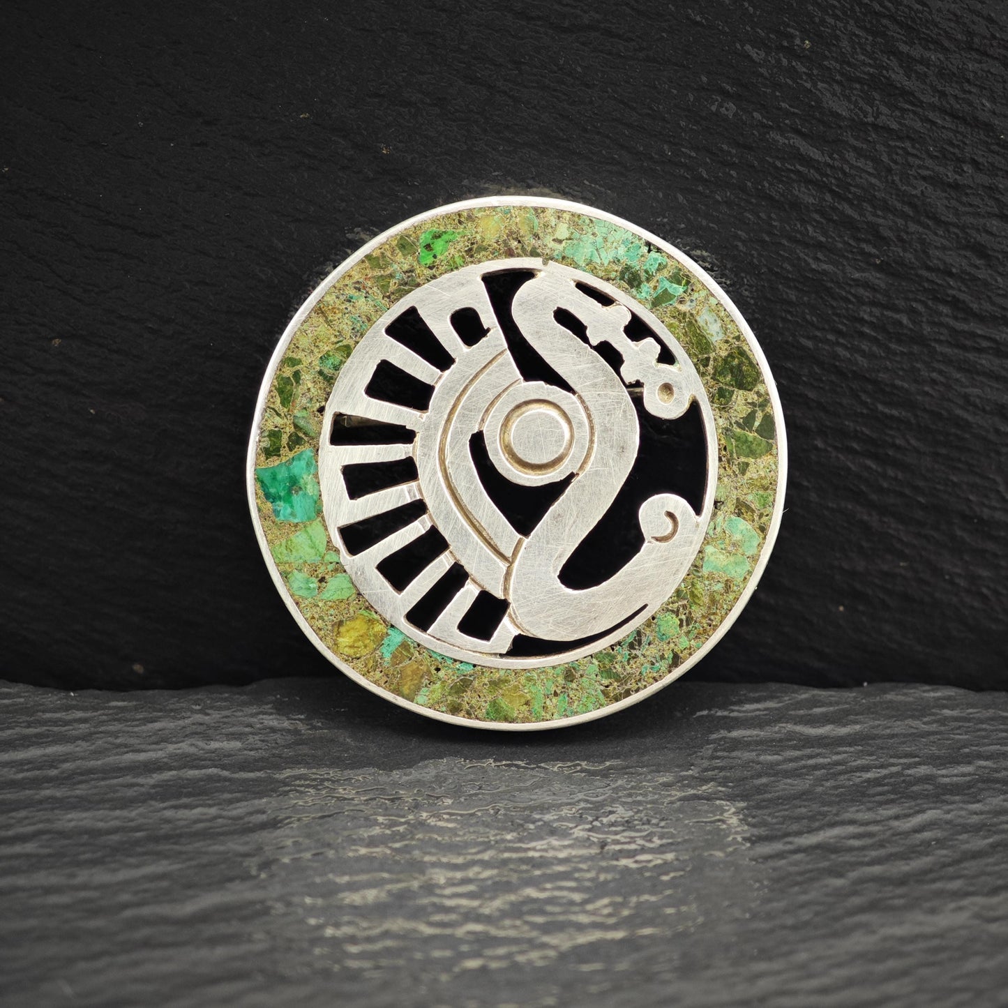 Vintage Taxco Green Chrysocolla Inlay Sterling Silver Brooch