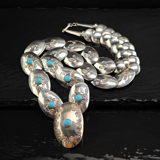 Vintage Native American Pillow Bead Turquoise Sterling Silver Necklace N2719