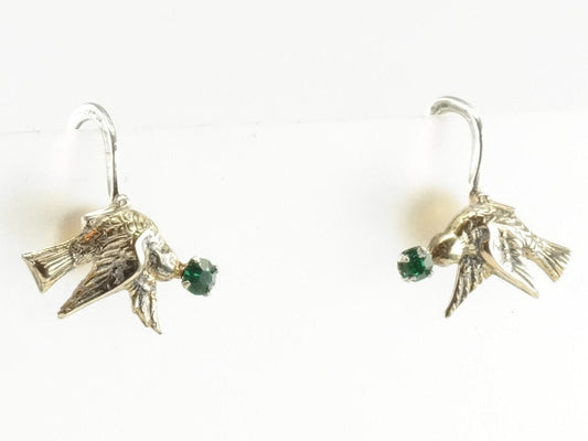 Vintage Sterling Silver Green Rhinestone Bird Earrings Screw Back