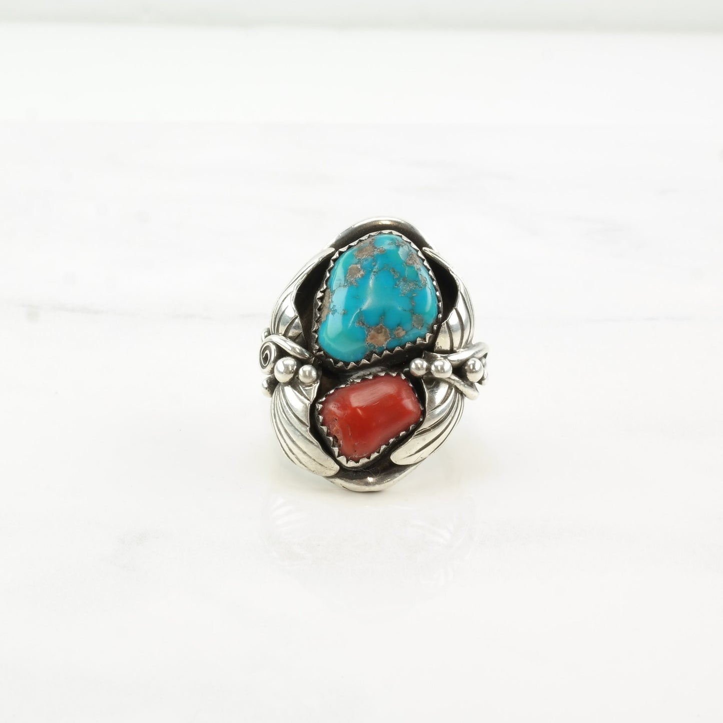 Native American Silver Ring Turquoise Coral Leaf Sterling Size 7 1/4