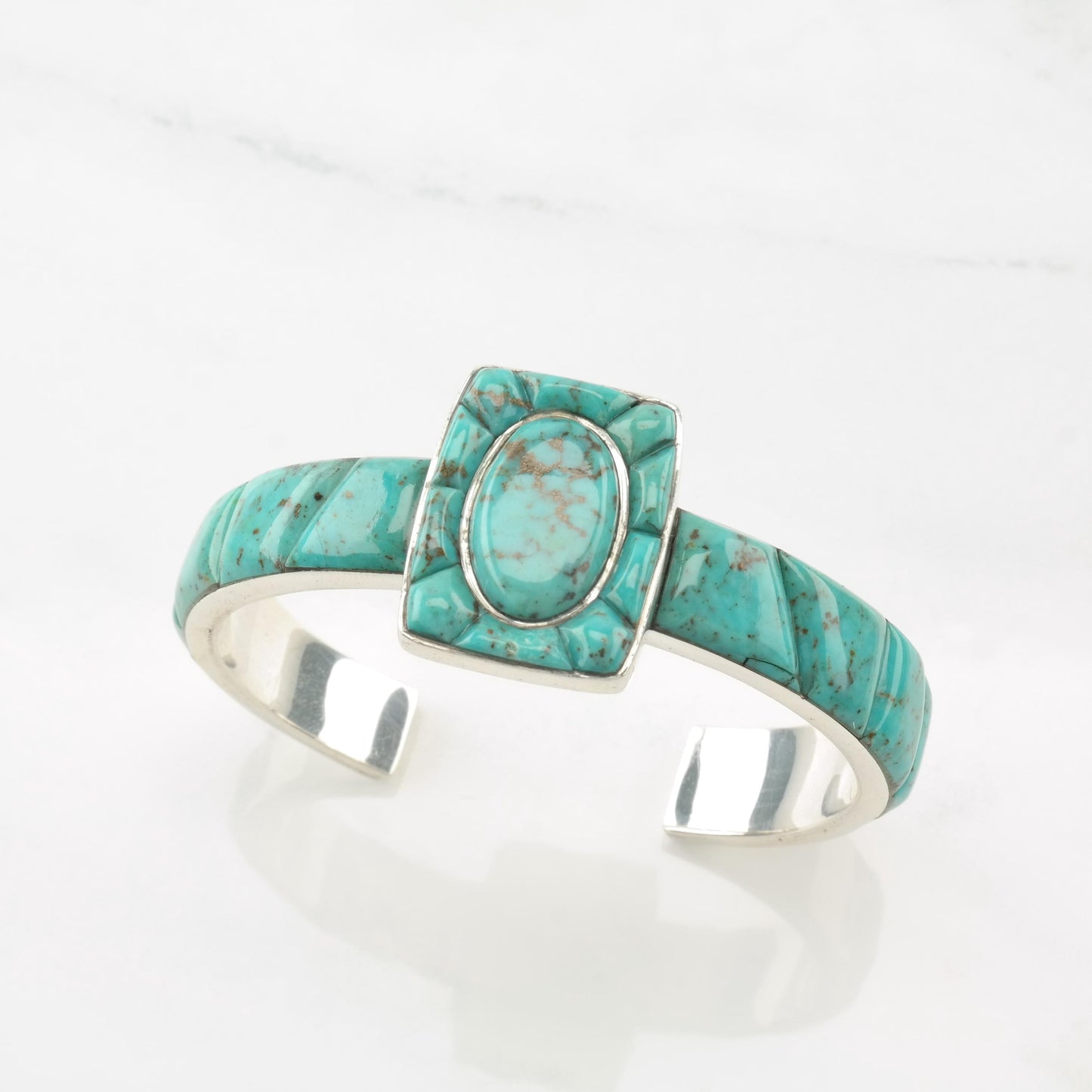 Southwest Turquoise Cobble Stone Inlay Cuff Bracelet Sterling Silver