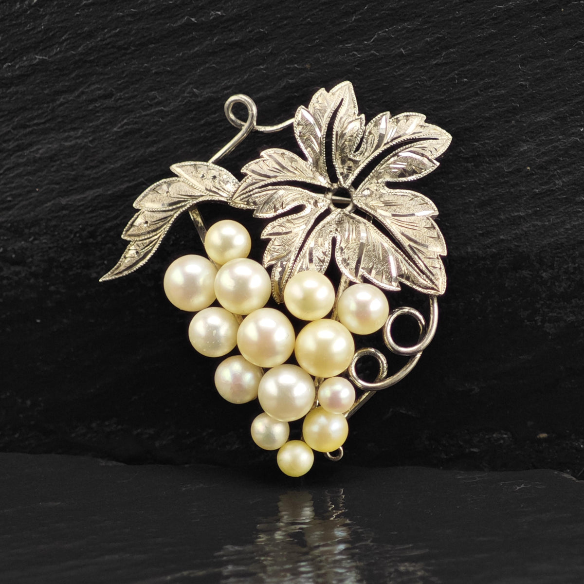Japan Akoya Cultured Pearls, Grape Vine Sterling Silver Brooch B2260