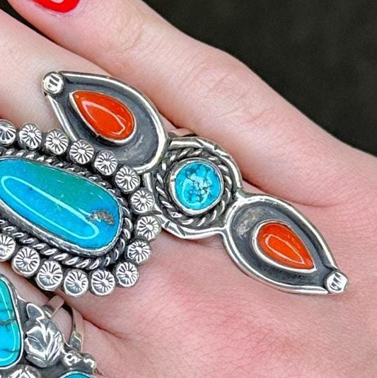 Vintage Native American Sterling Silver Ring, Coral & Turquoise, Size 6, 1970s Southwestern Jewelry, Shadowbox Ring