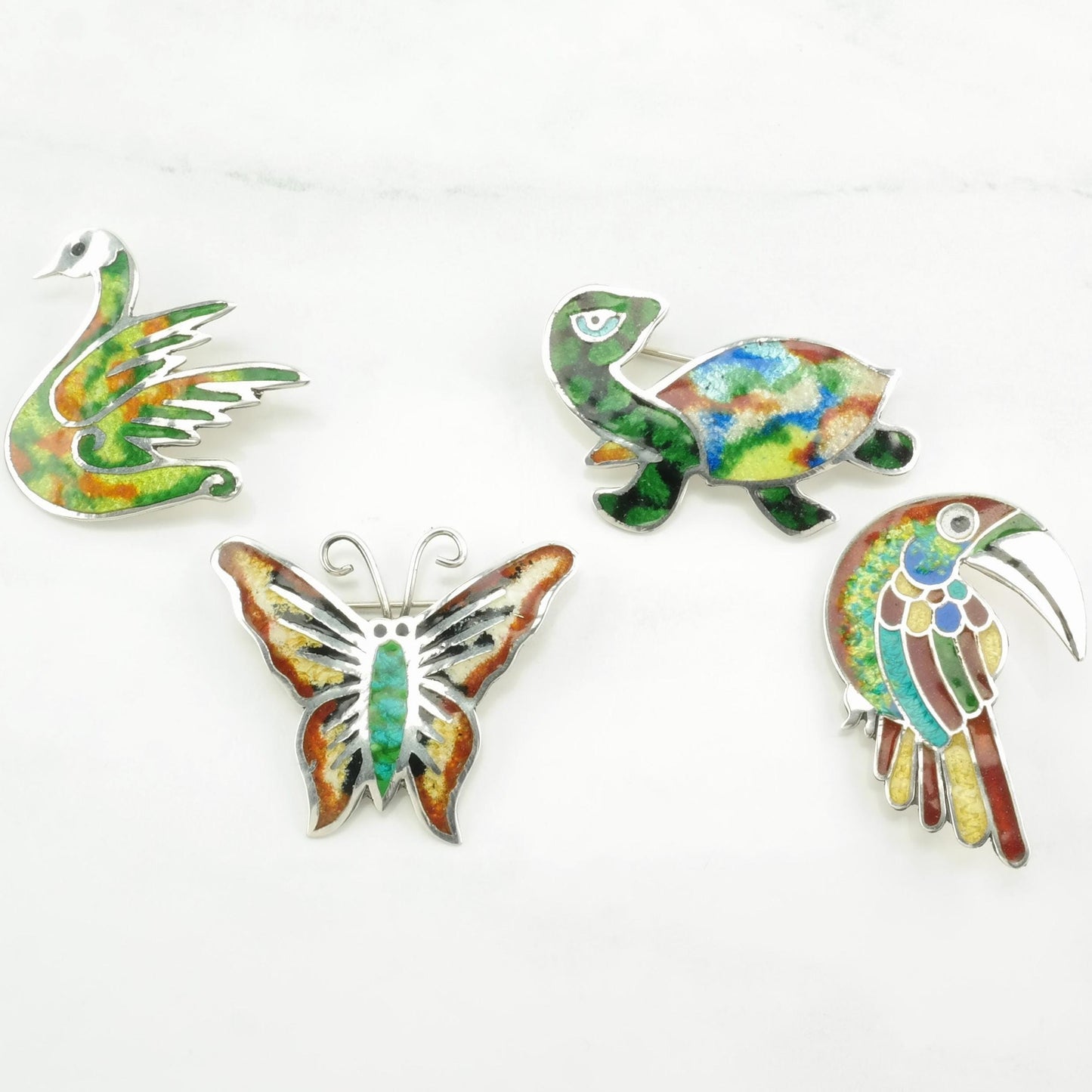 Vintage Taxco Sterling Silver Brooch Bird, Turtle, Butterfly Green, Yellow, Blue Enamel