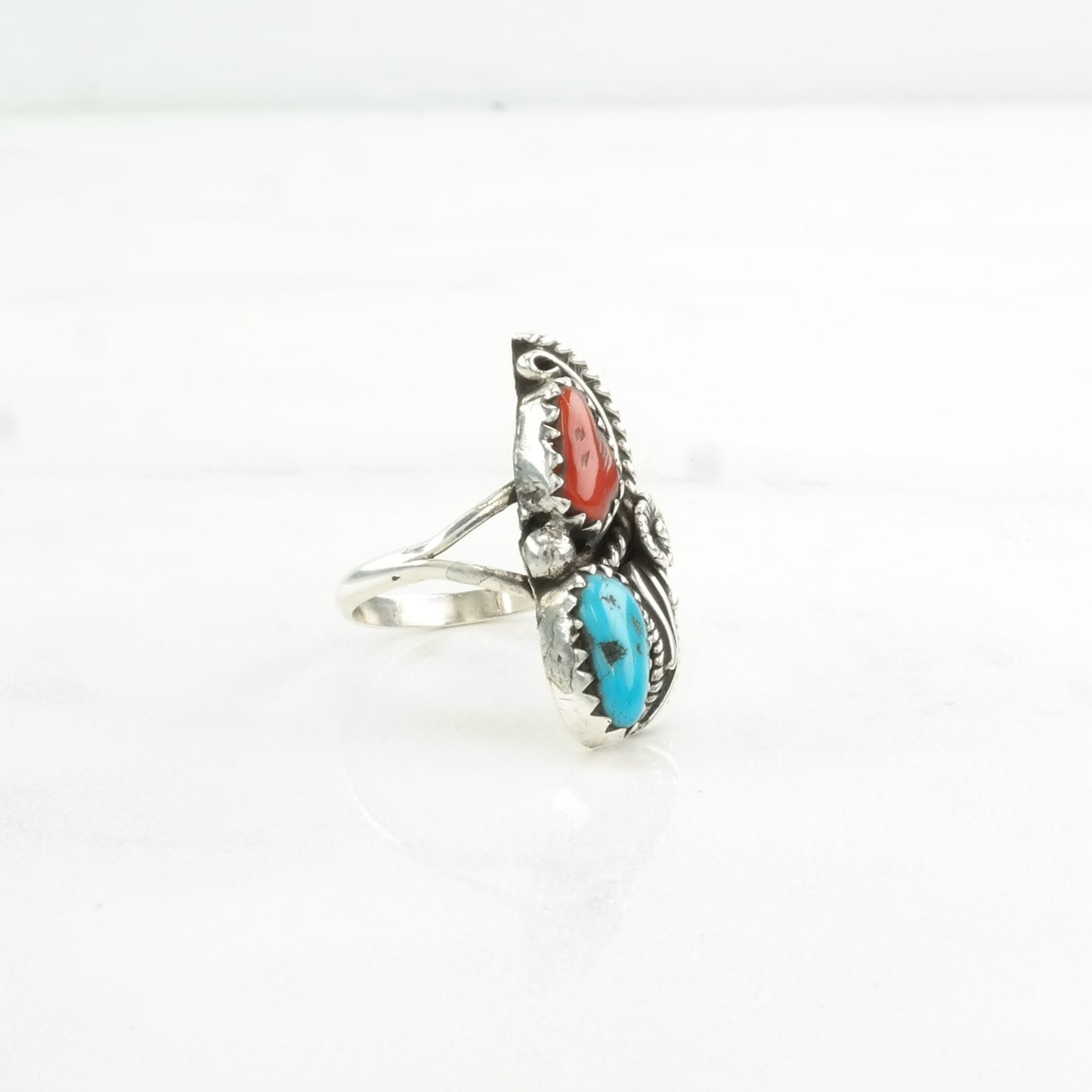 Native American Silver Ring Turquoise, Coral Floral Sterling Blue, Red Size 6 1/4