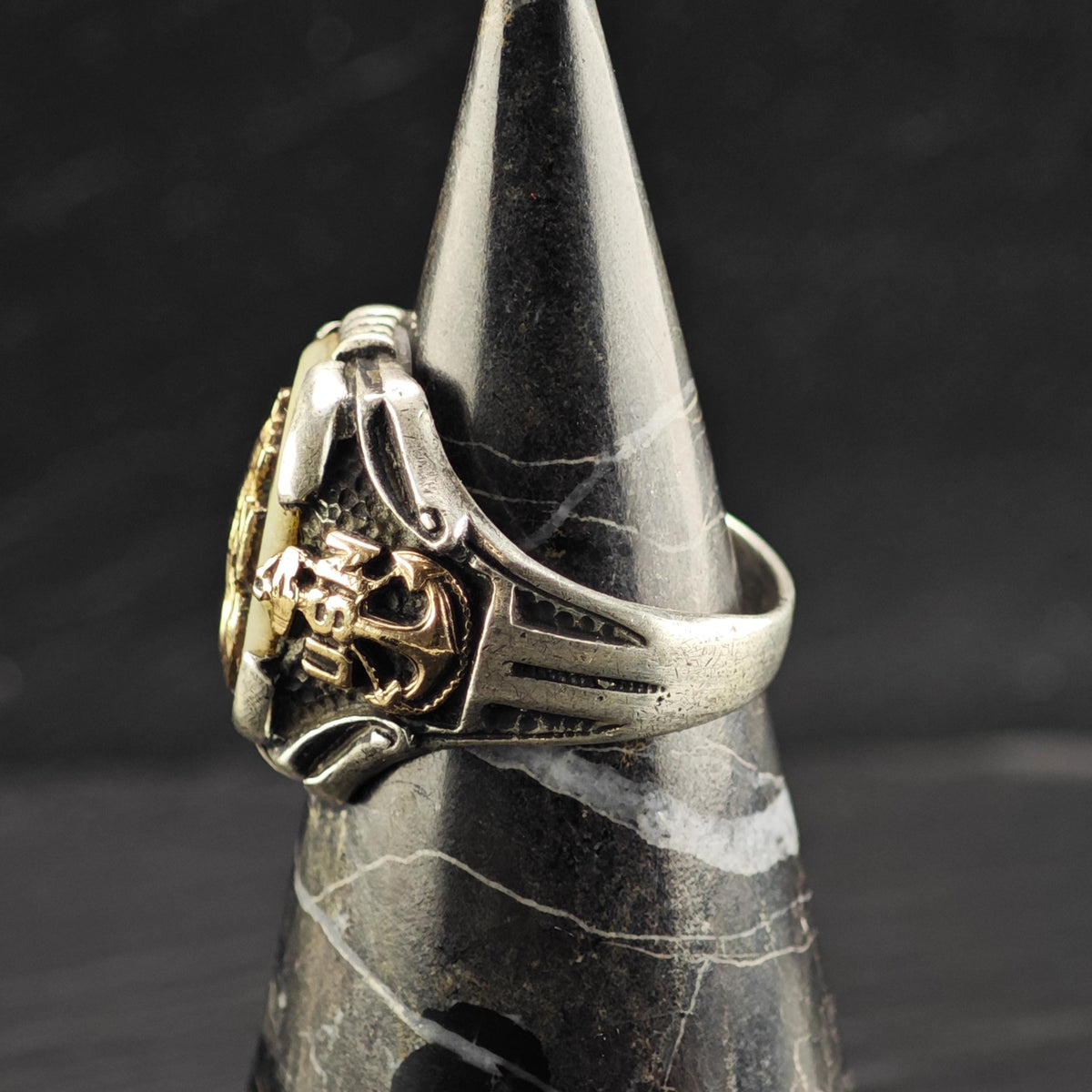 AS IS US Navy 12k Rotating Anchor Gold Sterling Silver Ring Sz 9 1/2 R6871