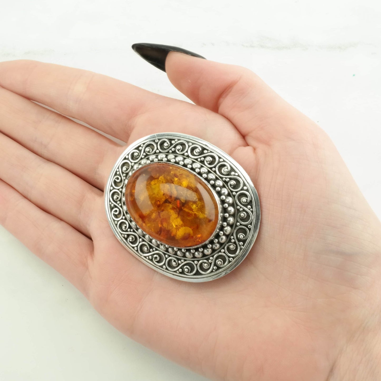 Orange Silver Brooch Pendant Filigree Amber Sterling