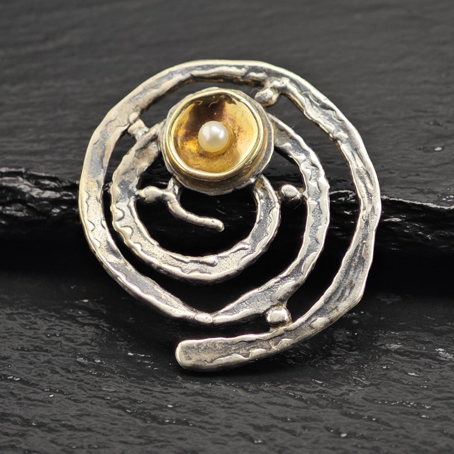 Brutalist Yigal Avinoam 14K Gold Accent, Pearl Sterling Silver Pendant P3081