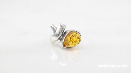 Drop Cross Yellow Amber Sterling Silver Ring Size 4.5 Vintage