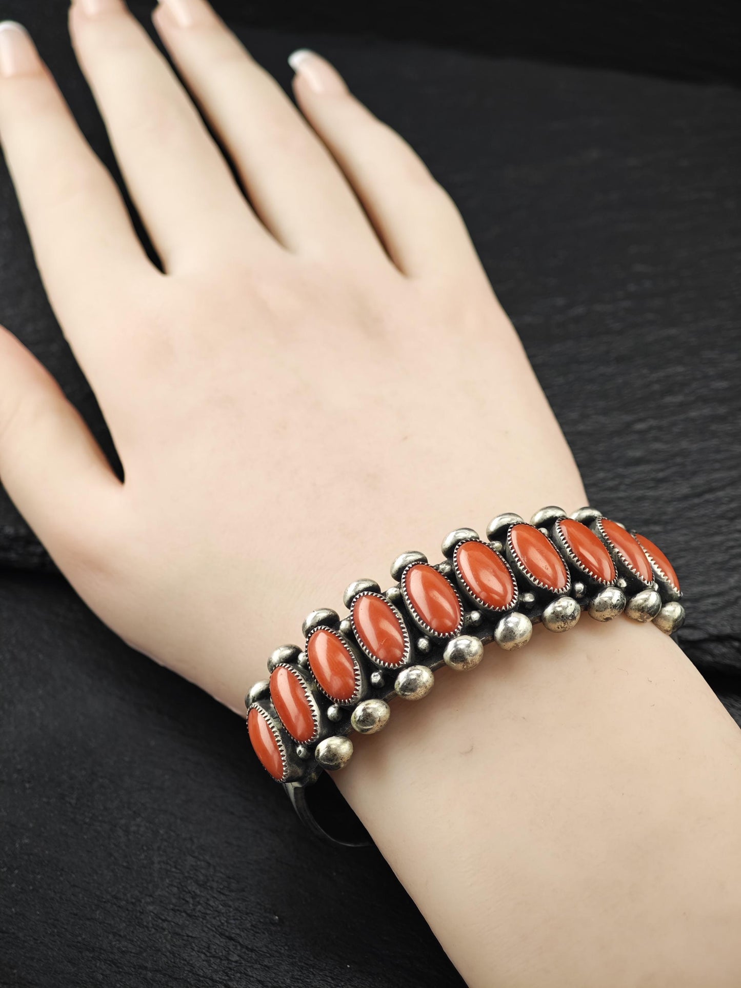 Native American Coral, Cuff Bracelet Sterling Silver