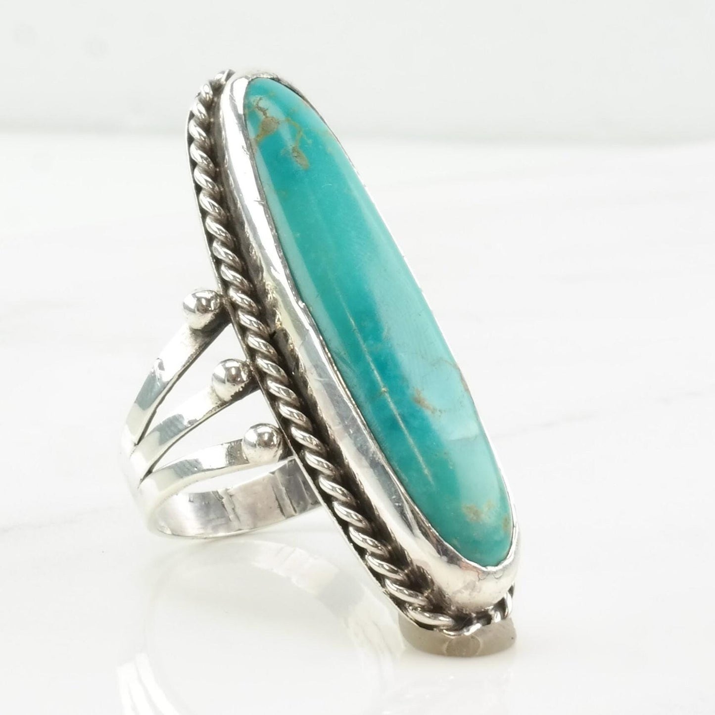 Vintage Southwest Silver Ring Turquoise Navette Long Oval Sterling Size 9 3/4