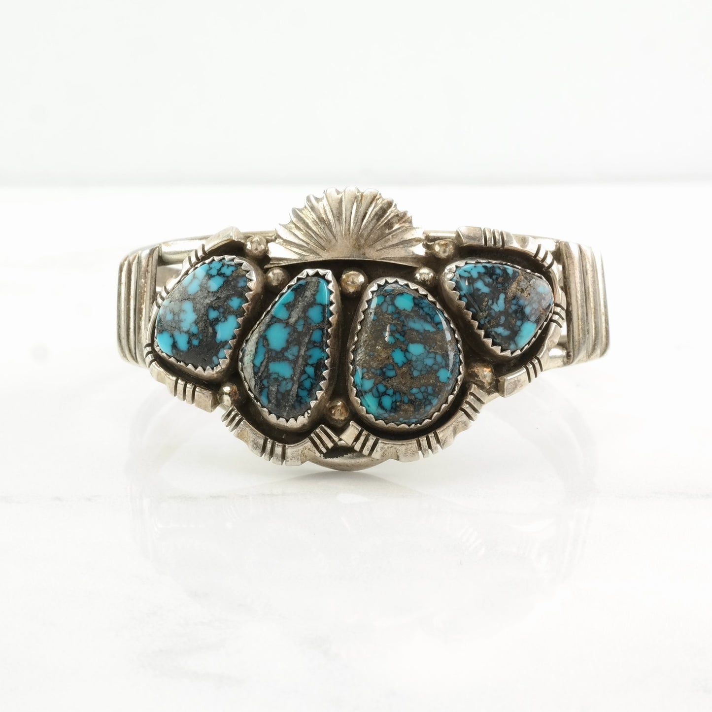 Native American Sterling Silver Cuff Bracelet Blue Lander Blue, Turquoise