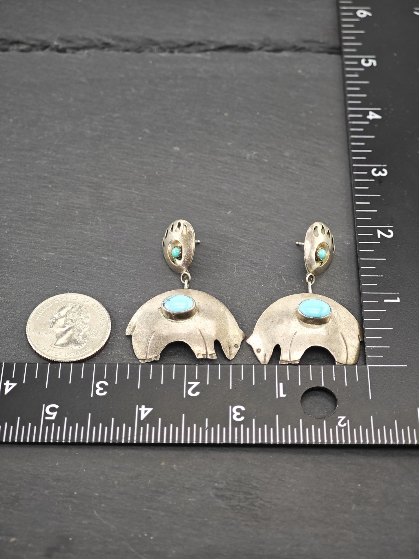 Native American, Turquoise Bear Stud/Dangle Earrings Sterling Silver