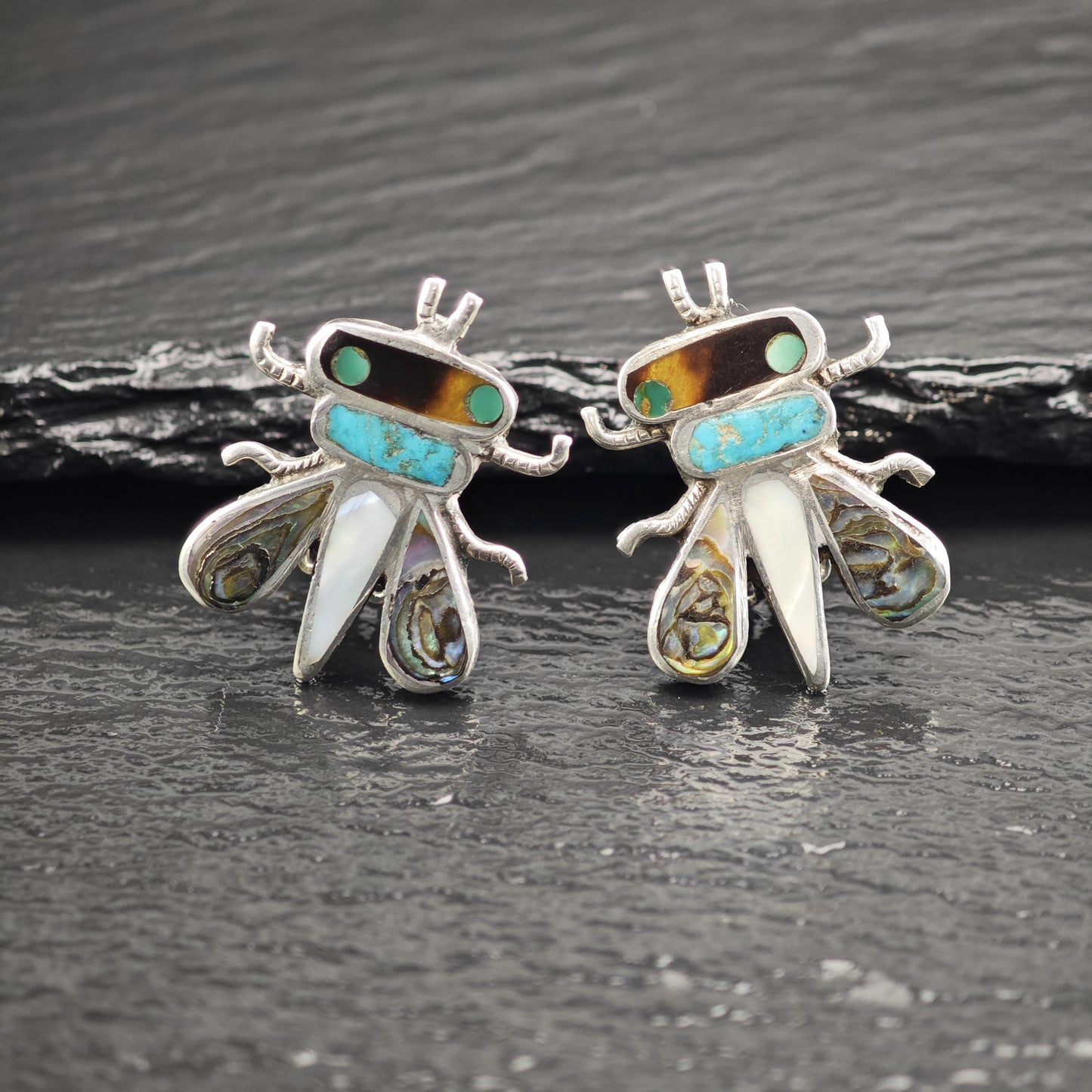 Vintage SW Inlay Bee Clip On Sterling Silver Earrings ER3106
