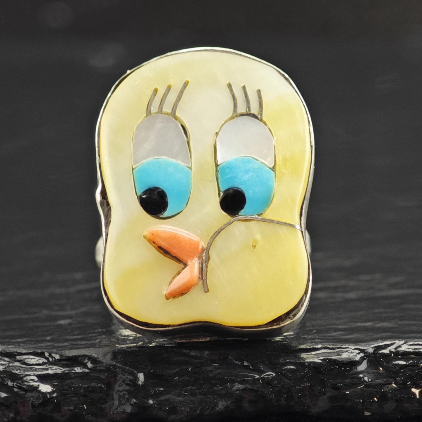 Cartoon Bird Inlay Sterling Silver Ring Sz 6 R6556