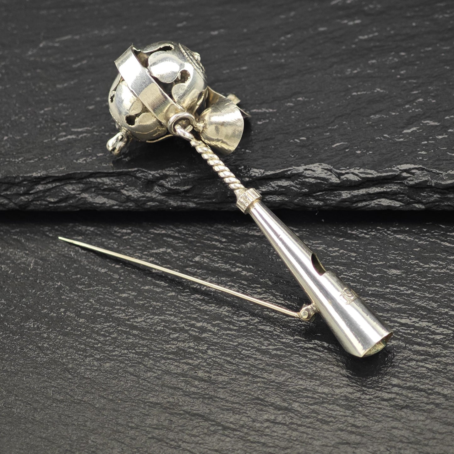 Vintage Old Sterling Silver Brooch Bells, Whistle