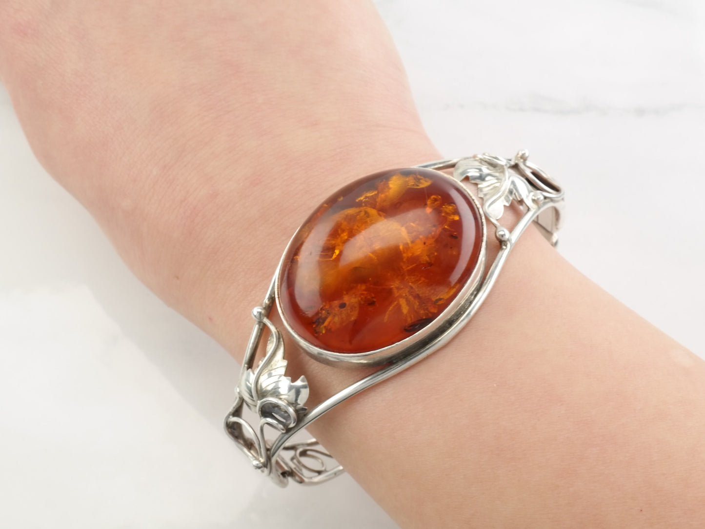 Modernist Sterling Silver Bangle Bracelet Orange Natural Amber