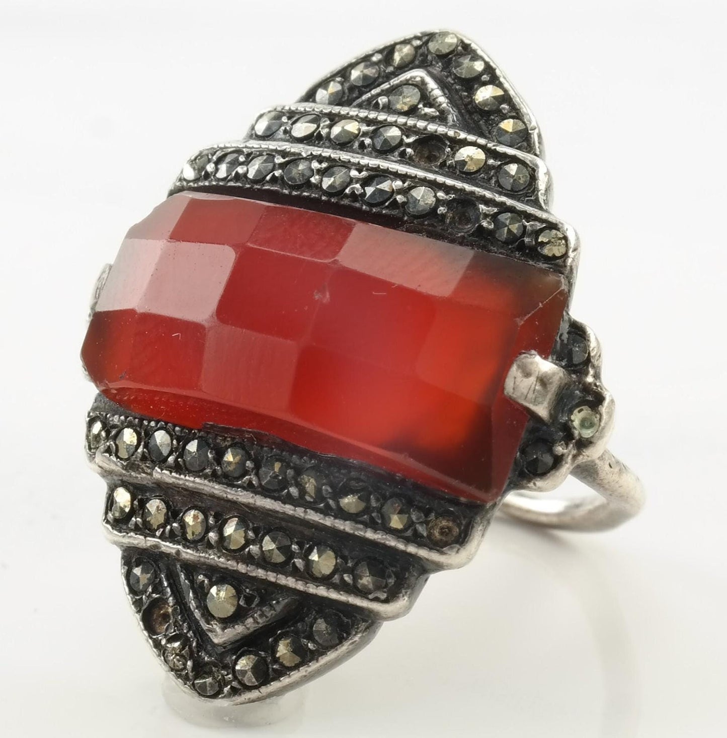 Antique Art Deco Silver Ring Carnelian Marcasite Sterling Size 3