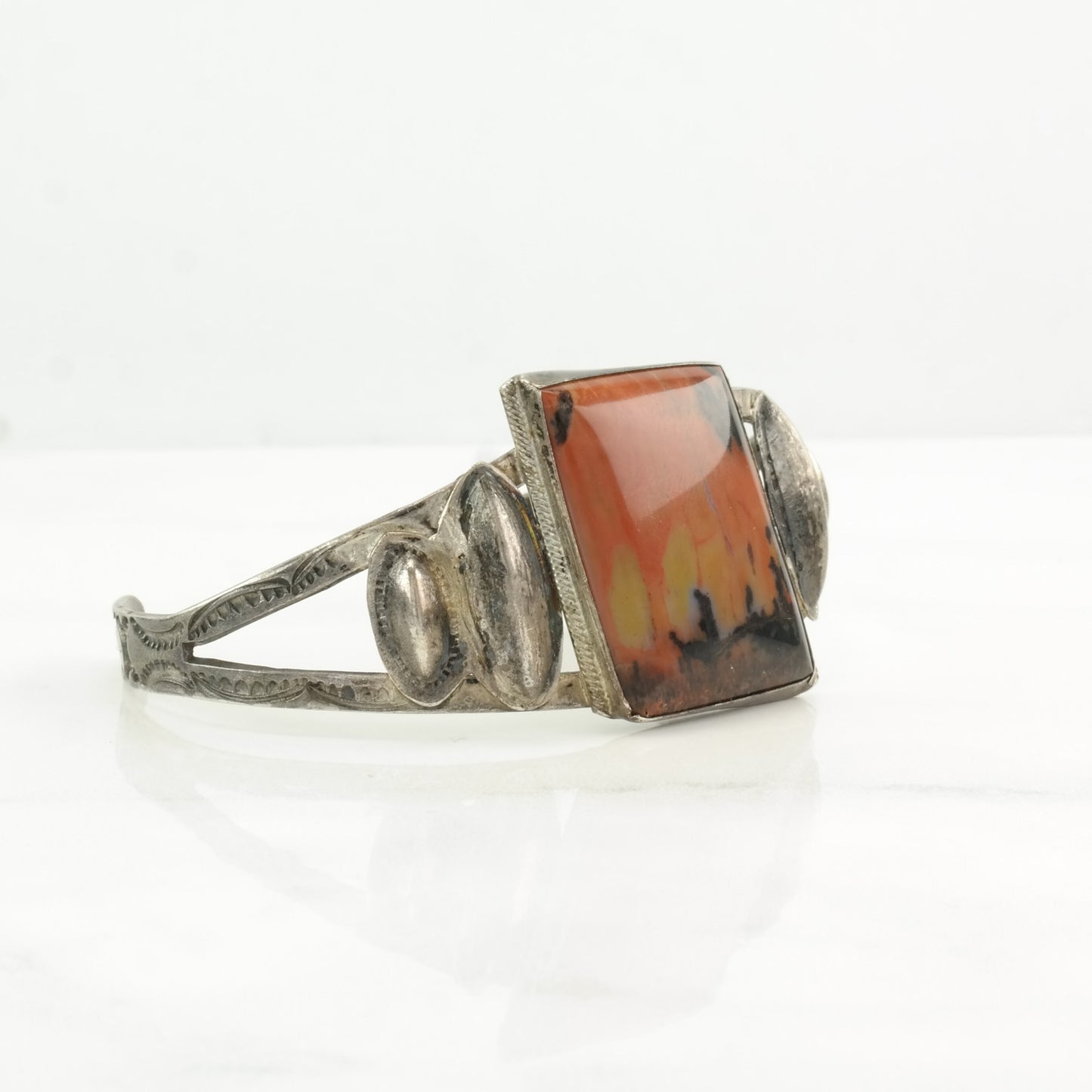 Fred Harvey Era Sterling Silver Cuff Bracelet Orange Petrified Wood