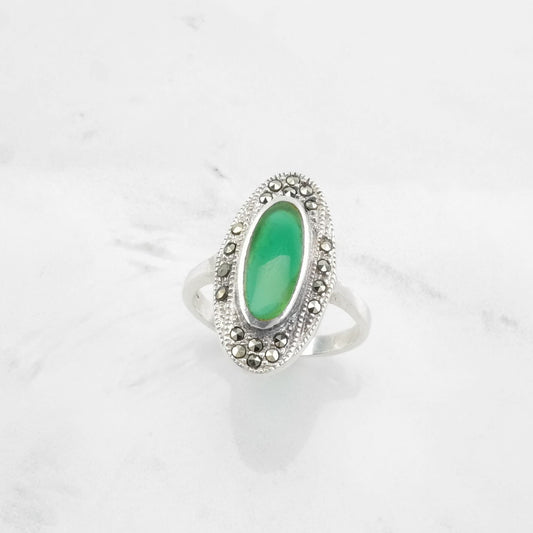 Vintage Art Deco Style Sterling Silver Ring, Chrysoprase Marcasite, Green Size 7 1/2