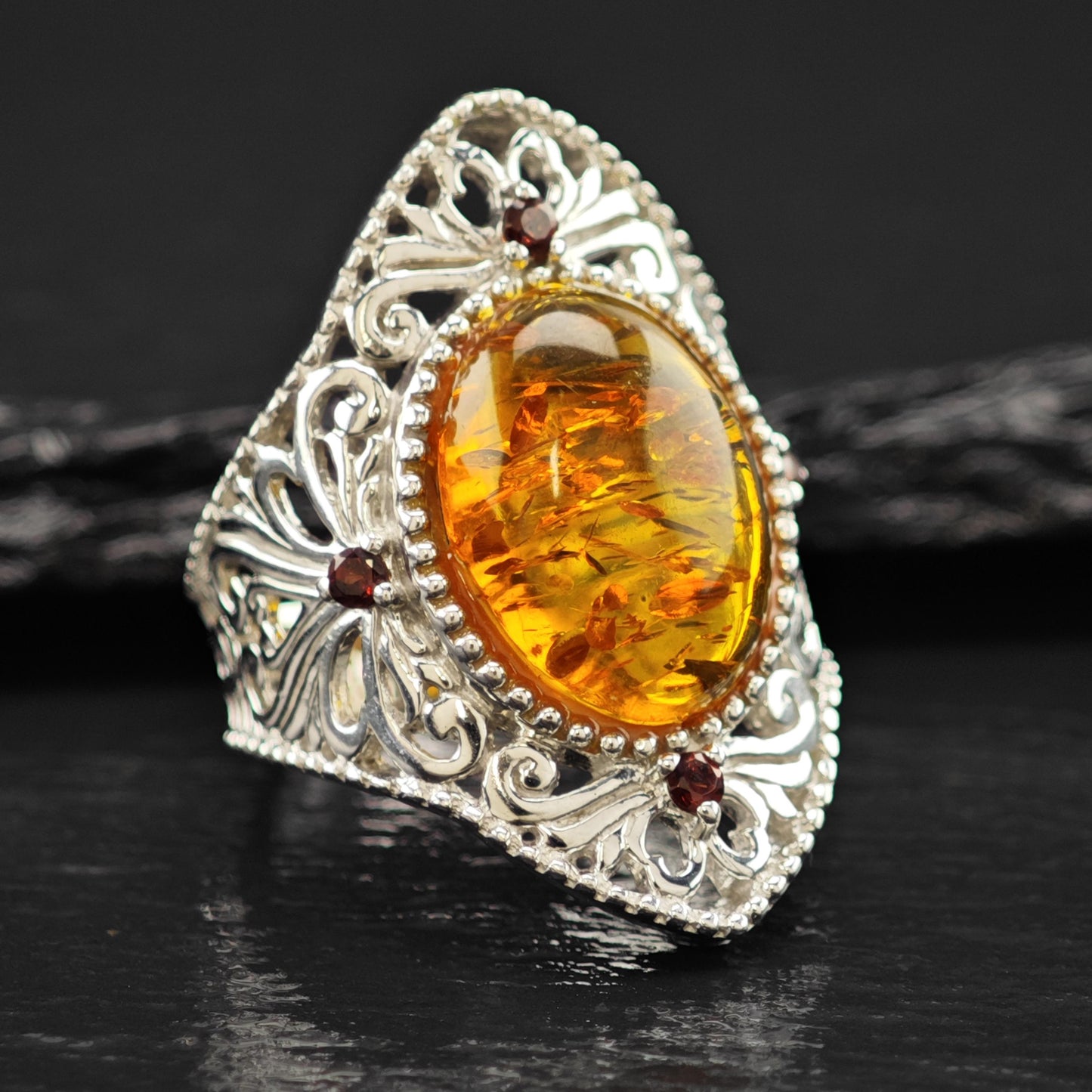 BBJ Amber Ruby Ring Sterling Silver Filigree Sz 6 1/4 R6090